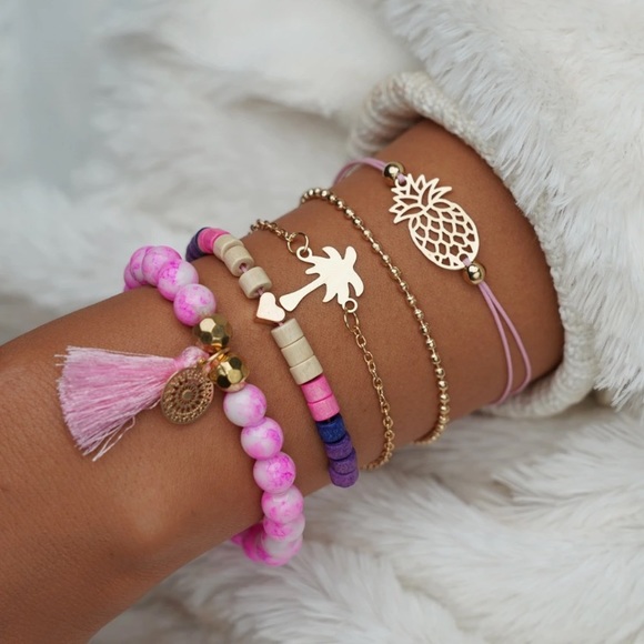 Jewelry - 5pc Set Pink Handmade Bracelet Pineapple Palm tree